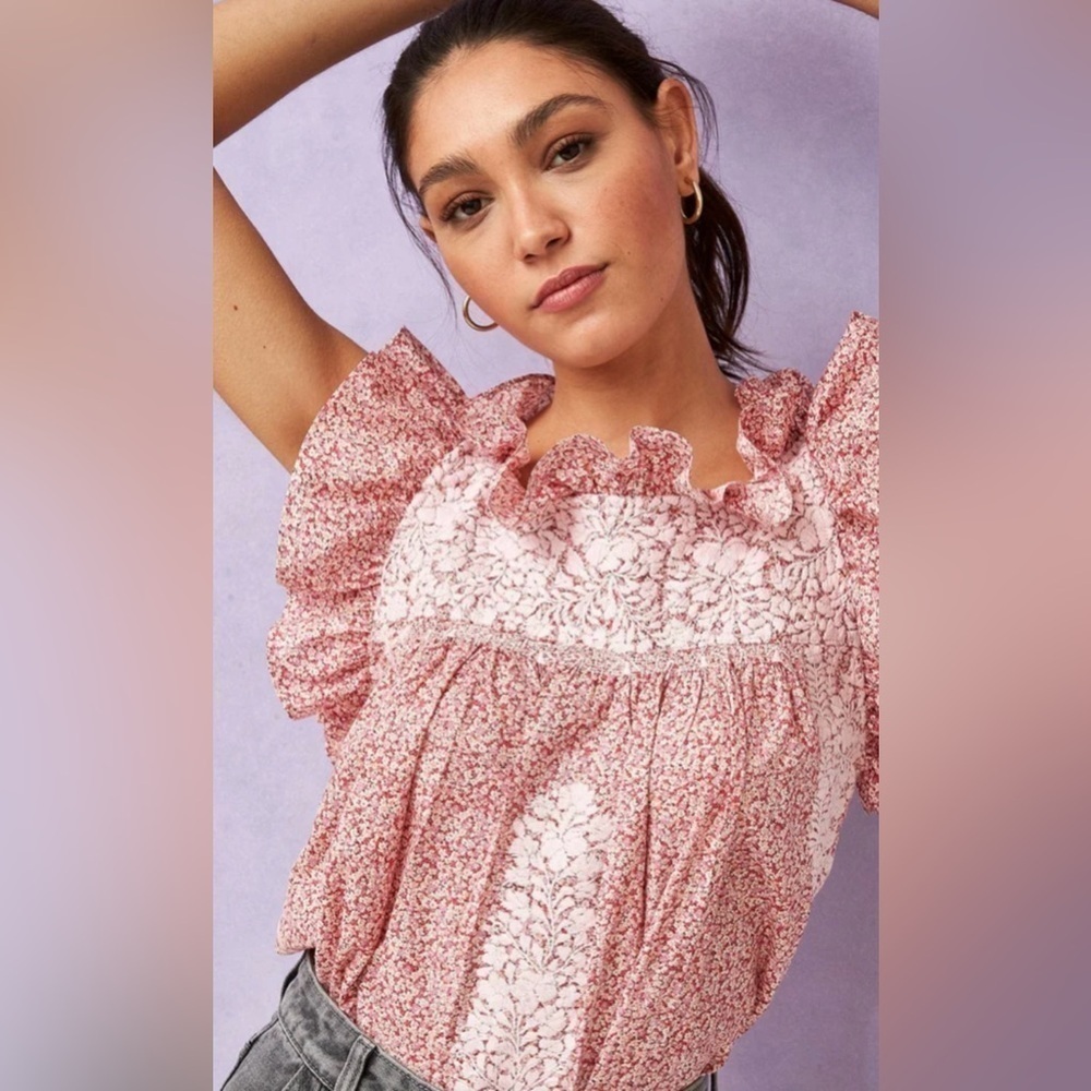 Mi Golondrina Pink Floral Ruffled Blouse